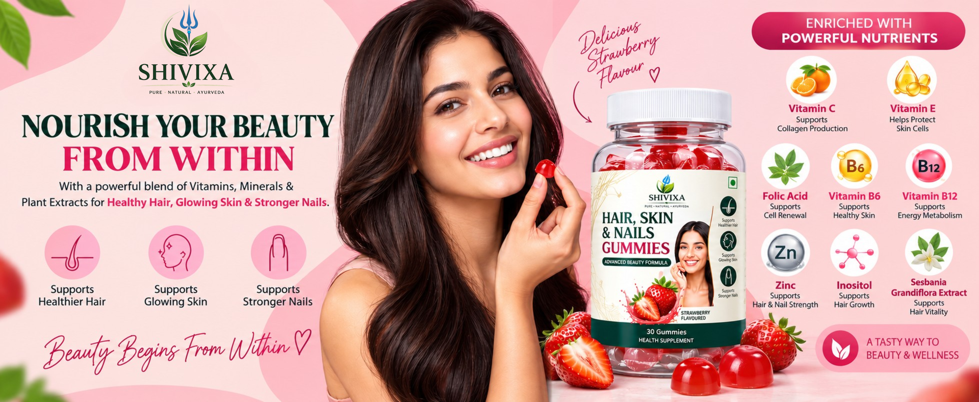 Hair, Skin & Nails (3 in 1 Gummies) - 30 pieces | Enriched with Biotin, Plant Extracts, Vitamins & Minerals | Brightens Skin, Control Hairfall, Strengthens Hair & Nails