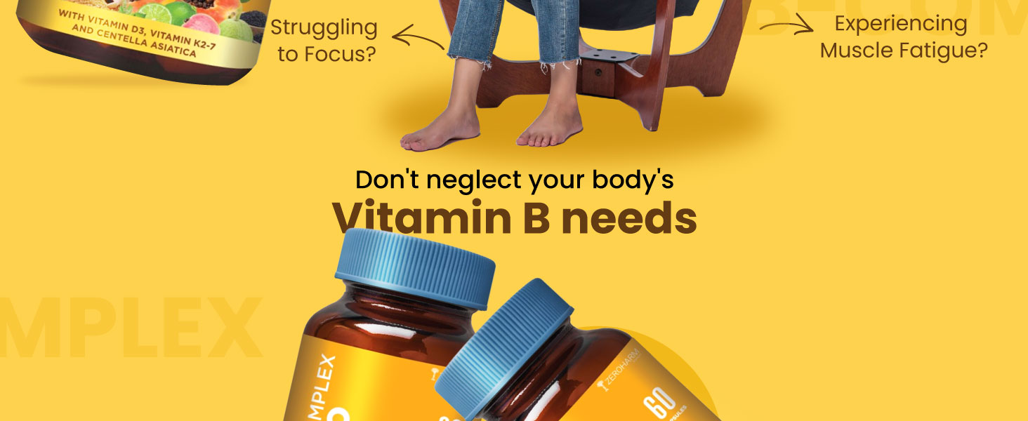 Zeroharm B-Complex Pro with Vitamin D3 & K2-7 | Vitamin B-Complex With B1, B2, B3, B5, B6, B9 & Vit B12 | Plant-Based Supplement | Supports Energy & Immunity For Men and Women | 60 Veg Capsules