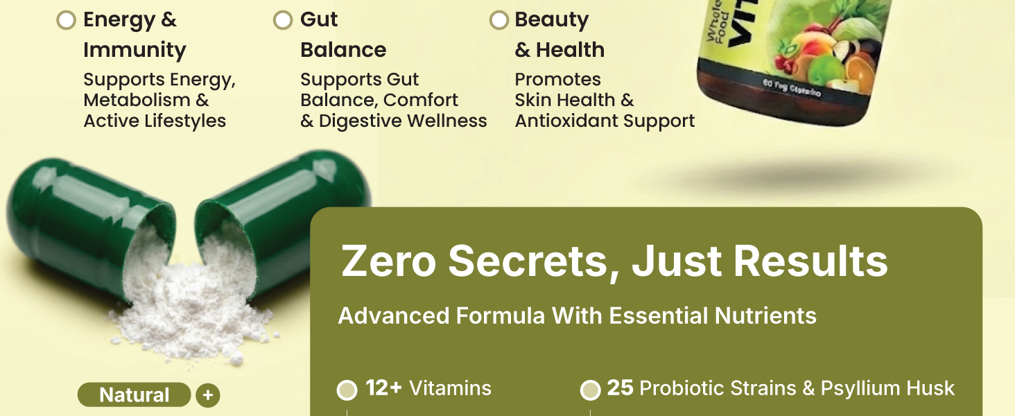 ZEROHARM Multivitamin+Probiotics for Men & Women | Plant-Based Daily Supplement with 25 Probiotic Strains | Boosts Immunity, Energy & Digestion | Whole Food Multivitamins & Minerals | 60 Veg Capsules