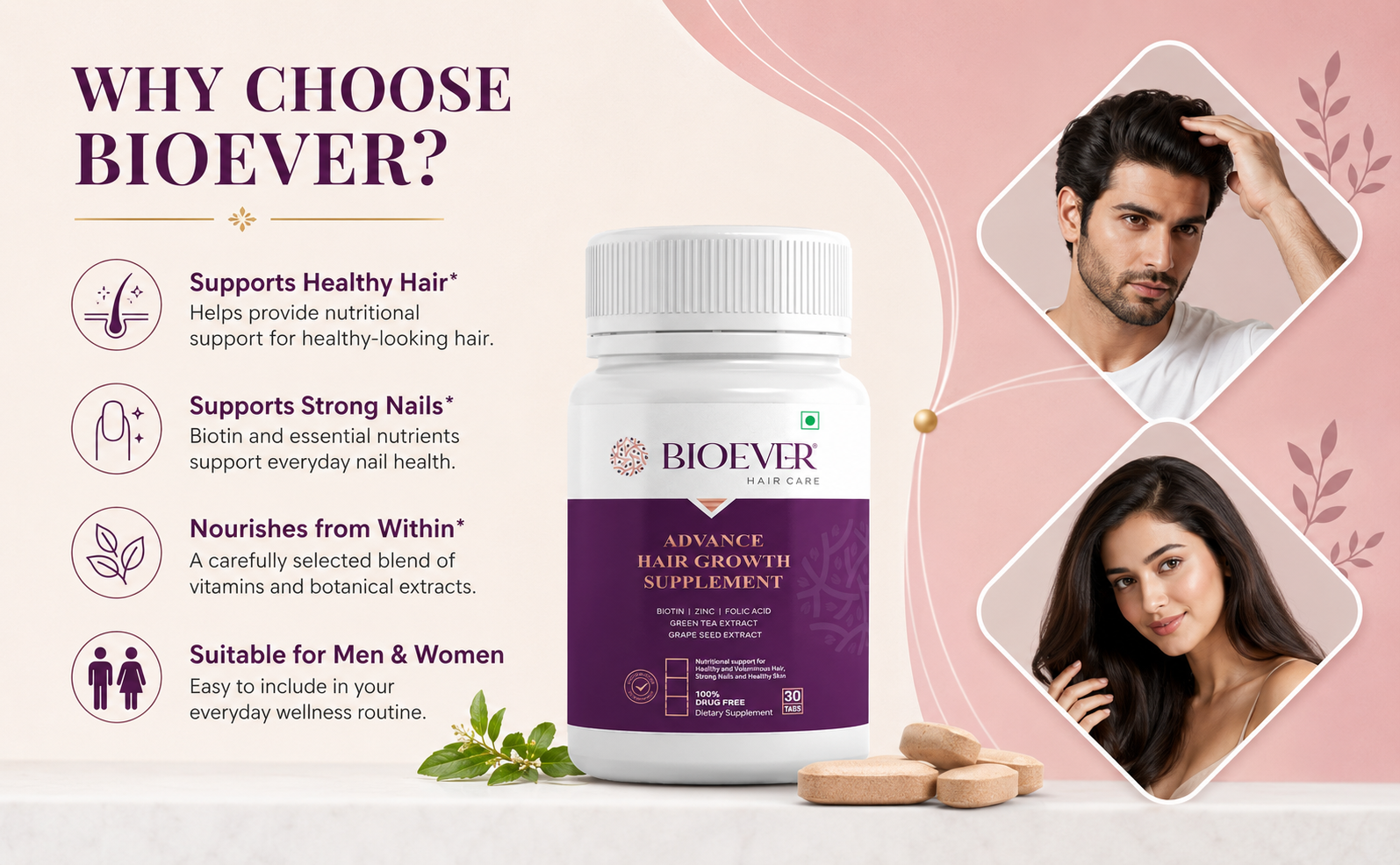Advance Hair Supplement, Contains Biotin, Green tea Extract | Men & Women | Grape Seed Extract Strong Hair & Nails - 30 Tablets