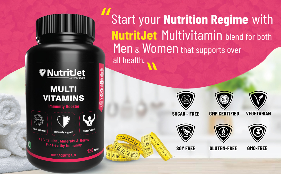NutritJet Multivitamin For Men & Women - 120 Veg Tablets With 43 Essential Vitamins, Minerals and Herbs For Overall Health, Enhances Energy & Immunity