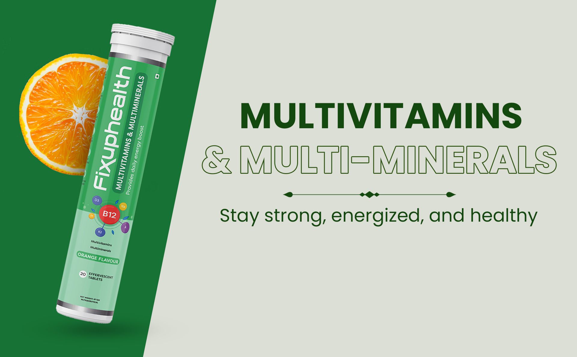 Fixuphealth Multivitamin Effervescent Tablets with Vitamins, Minerals & Grape Seed Extract | Multivitamin with Minerals for Men & Women | Vitamin C, B12, Biotin | Orange Flavour | 20 Tablets