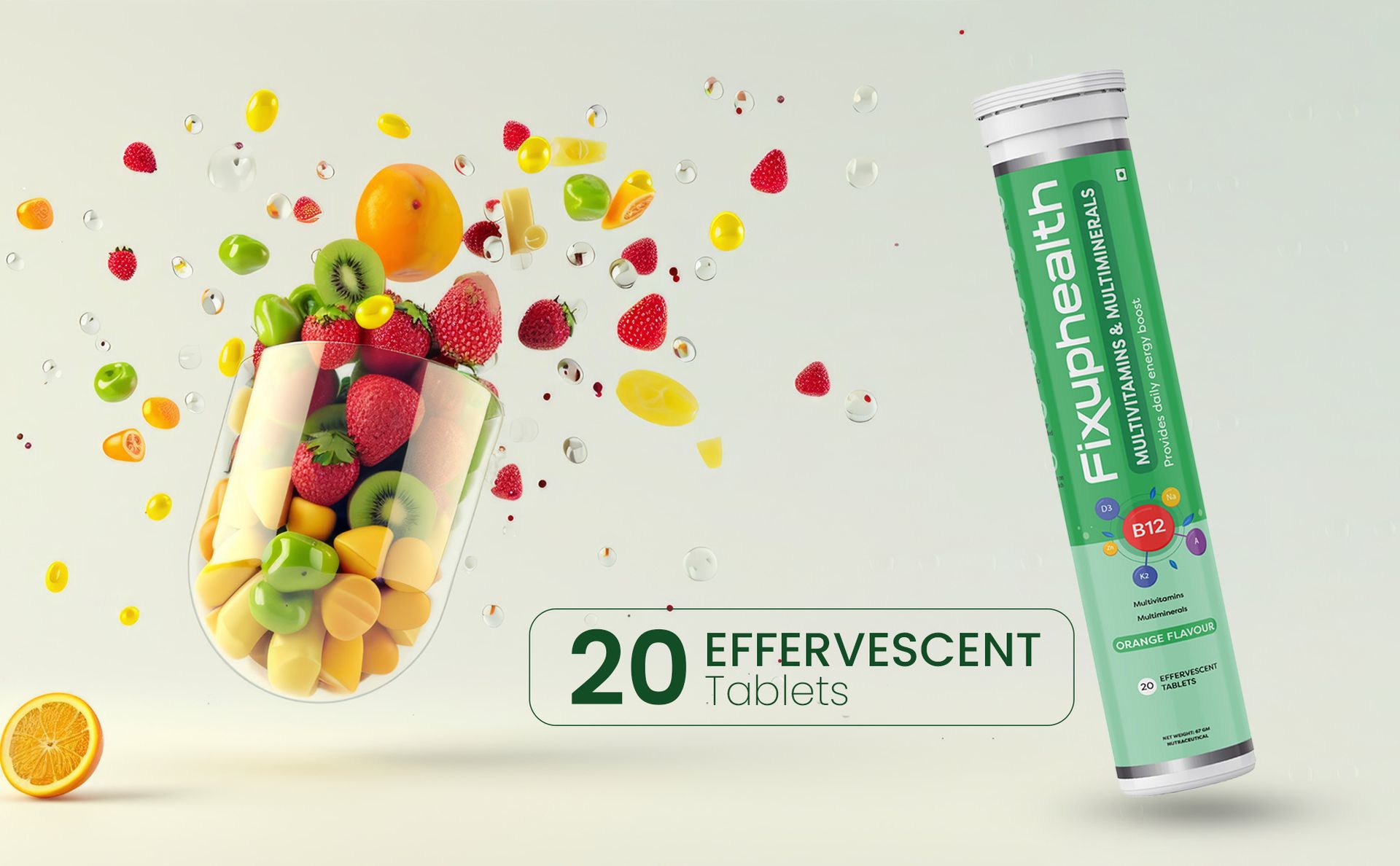 Fixuphealth Multivitamin Effervescent Tablets with Vitamins, Minerals & Grape Seed Extract | Multivitamin with Minerals for Men & Women | Vitamin C, B12, Biotin | Orange Flavour | 20 Tablets