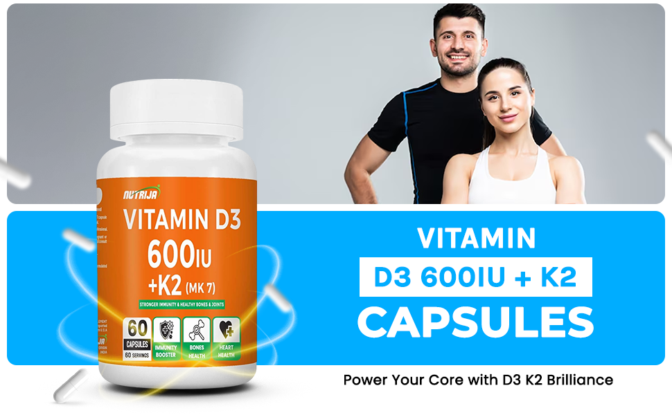 NutriJa Vitamin D3 600IU + K2 55mcg as MK7 Supplement 60 capsules - Stronger Immunity, Supports Bones, Joints & Heart Health