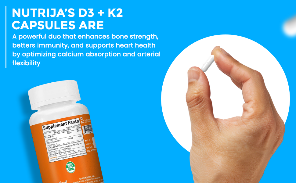 NutriJa Vitamin D3 600IU + K2 55mcg as MK7 Supplement 60 capsules - Stronger Immunity, Supports Bones, Joints & Heart Health
