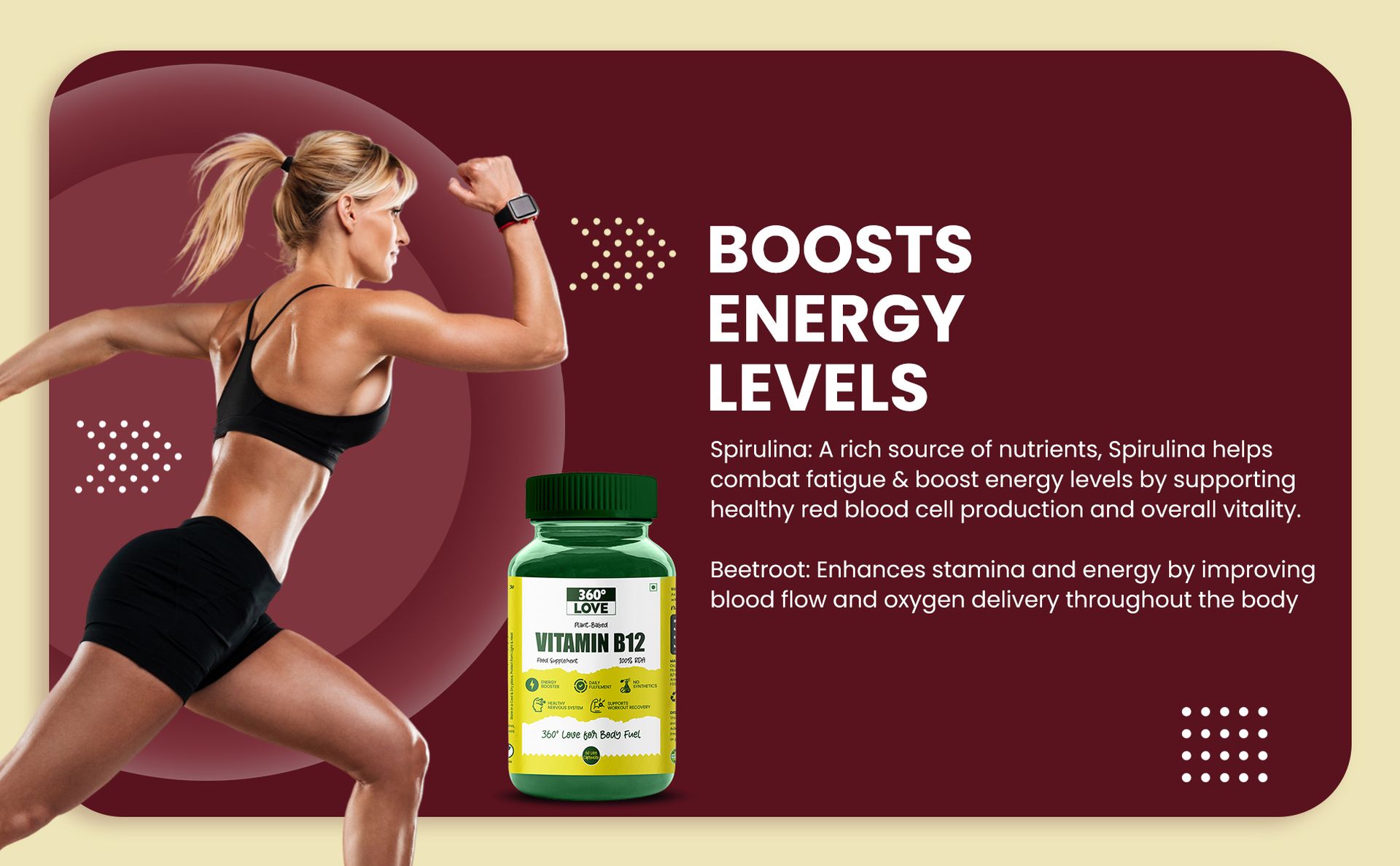 Plant-Based Vitamin B12 Supplement | Natural Superfood Blend with Spirulina, Wheatgrass, Barley Grass, Moringa & Beetroot | for Energy, Metabolism & Immune Support | 60 Capsules