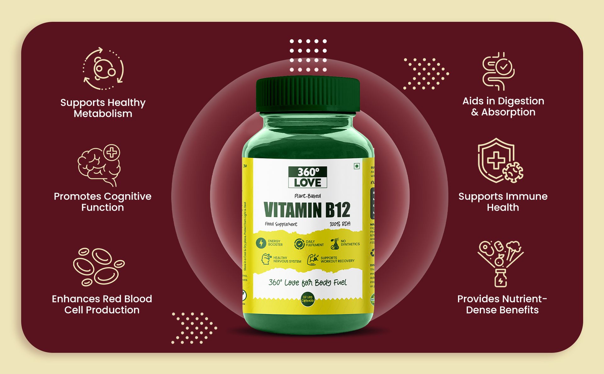 Plant-Based Vitamin B12 Supplement | Natural Superfood Blend with Spirulina, Wheatgrass, Barley Grass, Moringa & Beetroot | for Energy, Metabolism & Immune Support | 60 Capsules