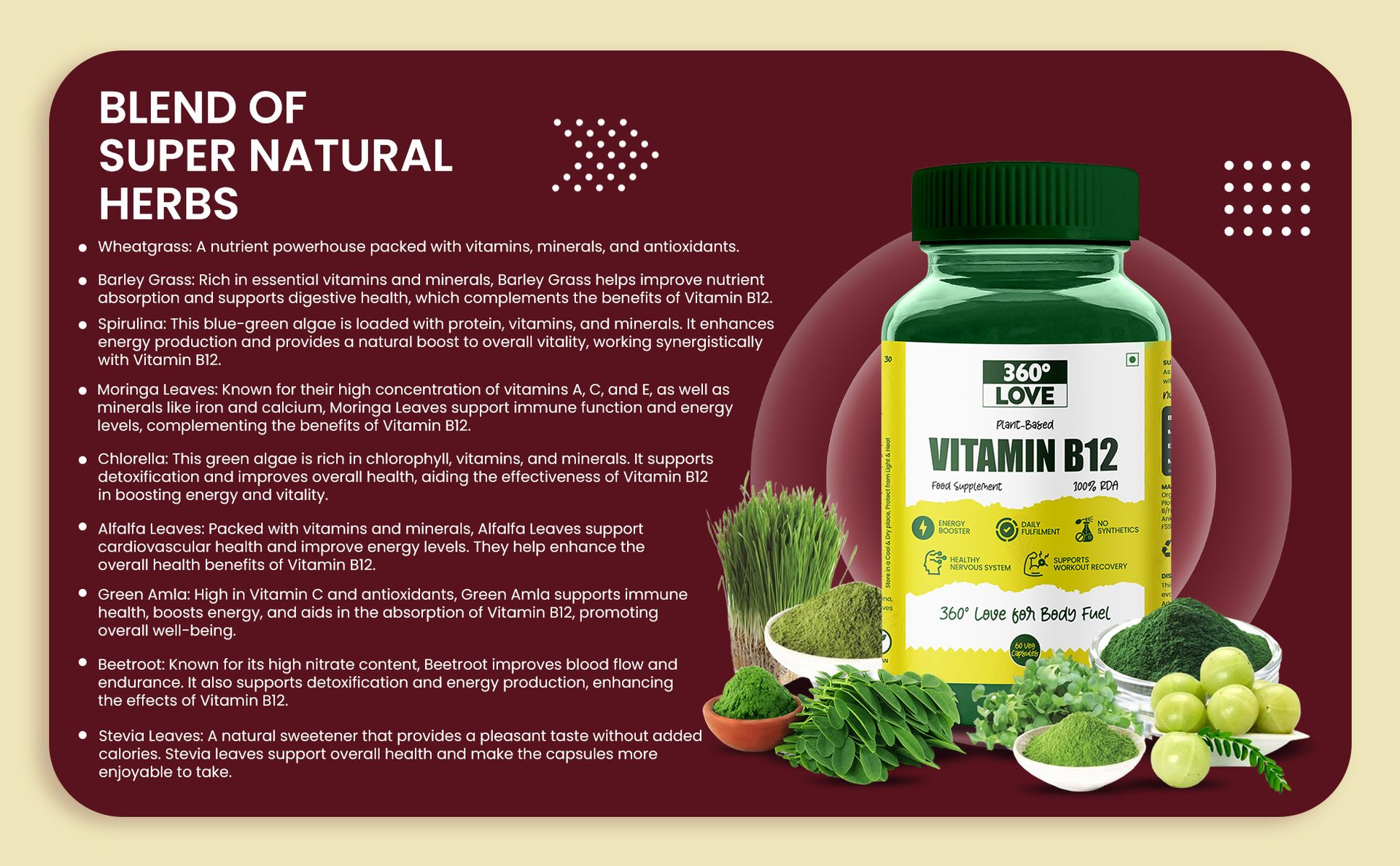 Plant-Based Vitamin B12 Supplement | Natural Superfood Blend with Spirulina, Wheatgrass, Barley Grass, Moringa & Beetroot | for Energy, Metabolism & Immune Support | 60 Capsules