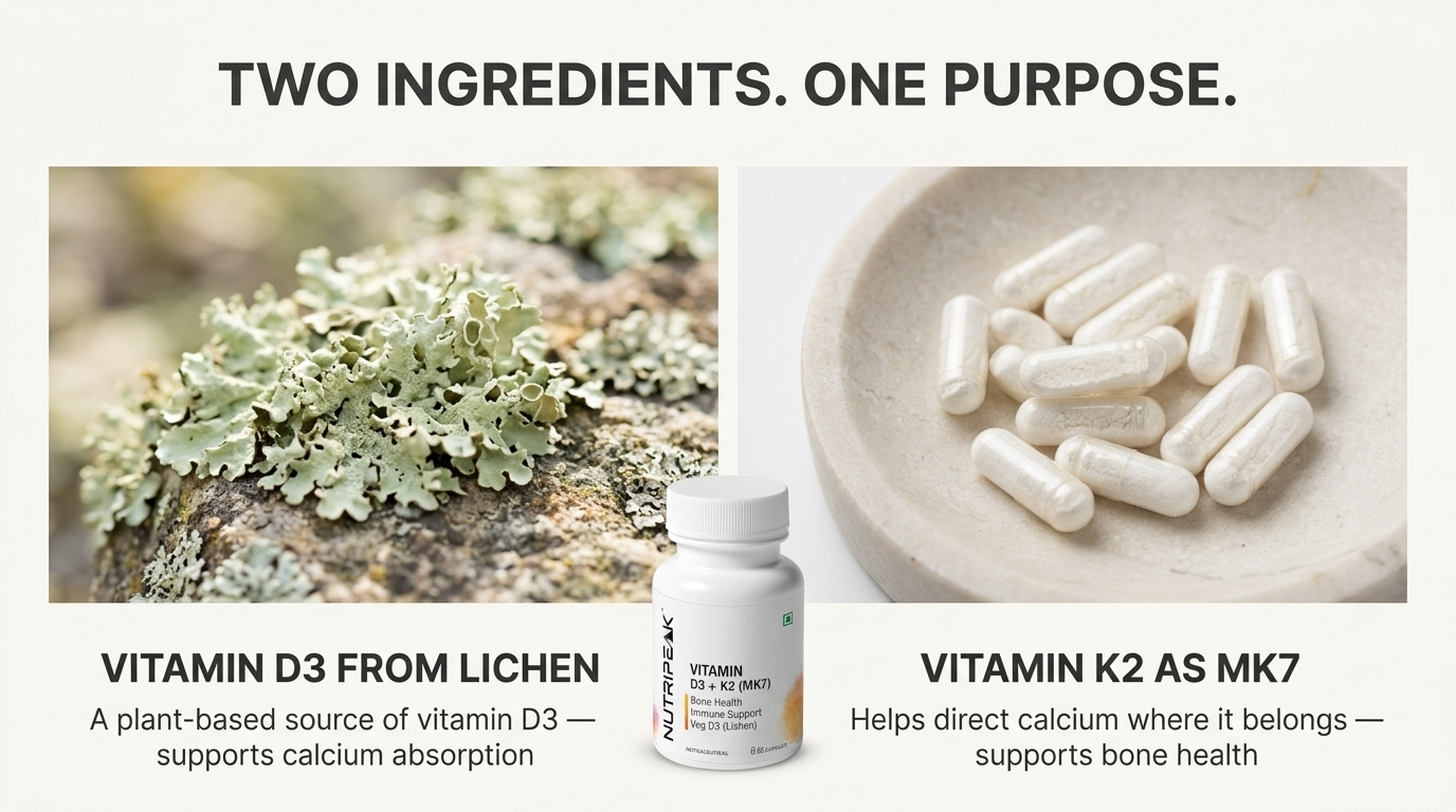 Vitamin D3 600 IU + K2 MK7 Capsules | Veg D3 from Lichen | Bone Health, Calcium Absorption & Heart Wellness | Immune & Muscle Support | 60 Veg Capsules