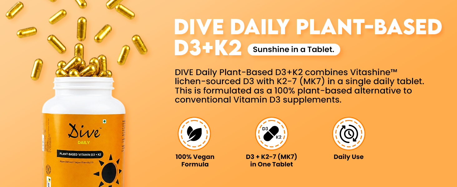 Dive Daily Plant-Based Vitamin D3 + K2 Capsules | 600 IU (15mcg) Vitamin D3 + 55mcg K2-7 MK7 | Vitashine Vegan D3 from Lichen | Supports Bone Health, Calcium Absorption, Immunity & Muscle Strength | 60 Capsules for Men & Women