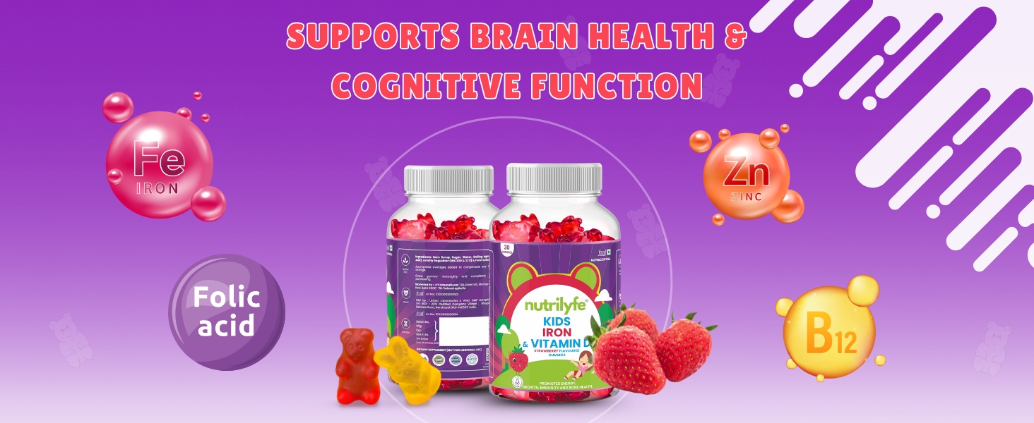 Iron & Vitamin D Gummies for Kids | Promotes Energy, Growth, Immunity & Bone Health | Improves Haemoglobin as it Contains Multivitamins | Bear Shaped 30 Gummies-Strawberry Flavored Gummy