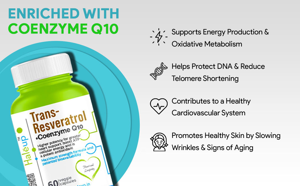 Haleup Trans Resveratrol, 500 mg || 60 capsules II Enriched with Coenzyme Q10 || Healthy Heart|| Brain|| Immunity