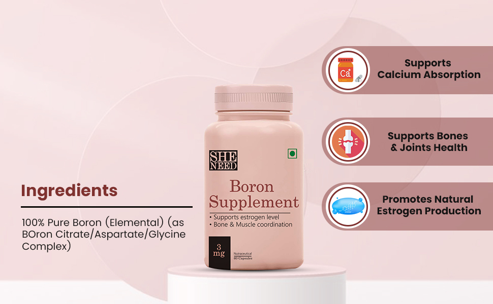 SheNeed, Boron Supplement 3 Mg For Bone Muscle Metabolism Of Magnesium Calcium Estrogen Production For Men Women Veg Capsules, 60 count