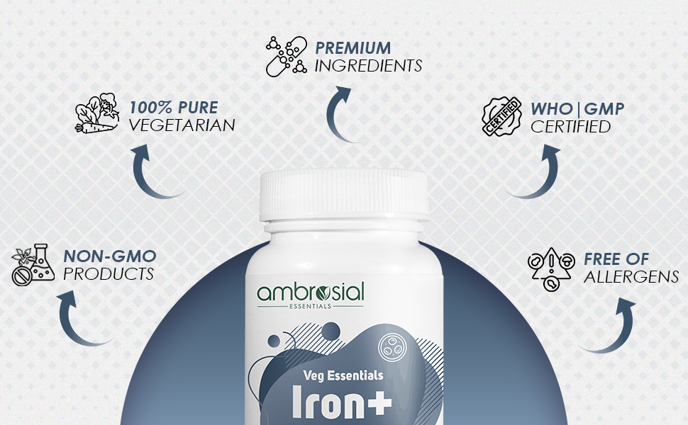 Ambrosial Iron Tablets High Strength 25mg| Iron Supplement for Women & Men| Blood Support & Helps Reduce Tiredness & Fatigue | Enhanced Absorption & Non - Constipating (Pack of 1-120 Capsules)