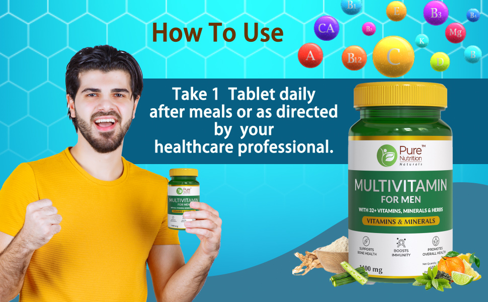 Pure Nutrition Multivitamin for Men 1400mg | 120 Veg Tablets (60x2) | Multivitamin Tablet for Men with 32+ Vitamins, Minerals & Herbs | Biotin, Ginseng, Moringa & Green Tea | Supports Immunity, Energy & Bone Health
