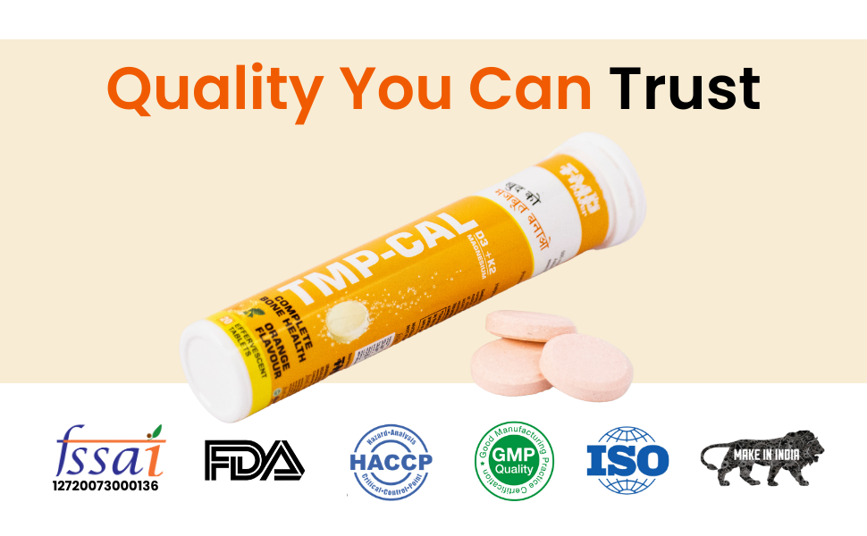 TMP CAL Calcium with Essential Vitamin D3, Vitamin K2 for Complete Health Support | Vitamin D3,B6,Calcium & Magnesium Combination | Orange Flavour (1 Pack (20 Effervescent Tablets))