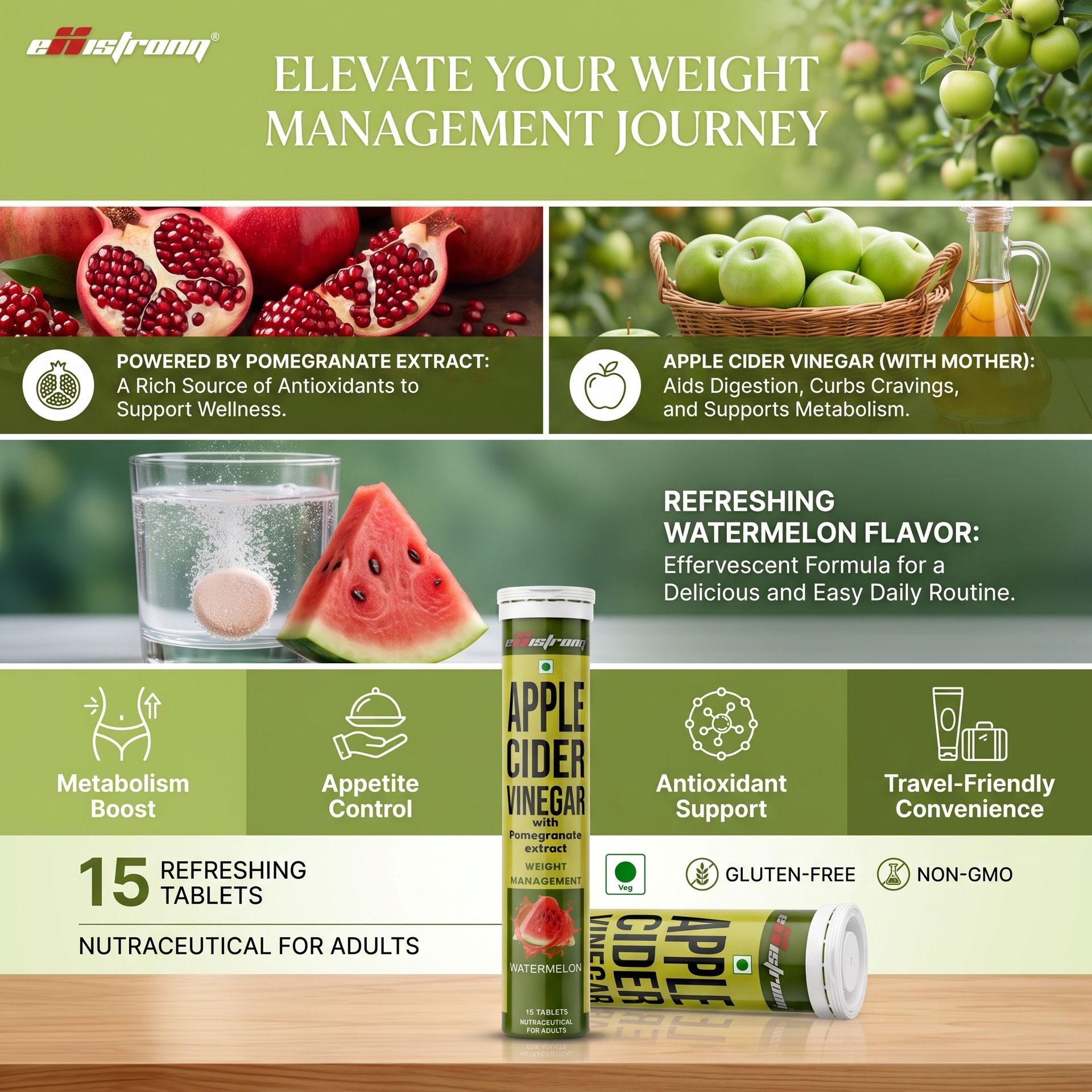 Apple Cider Vinager Effervescent Tablet With Pomgranate Extract | Appetite Control & Supports Metabolism (Pack Of 4, Watermelon Flavor 60 Tablet)