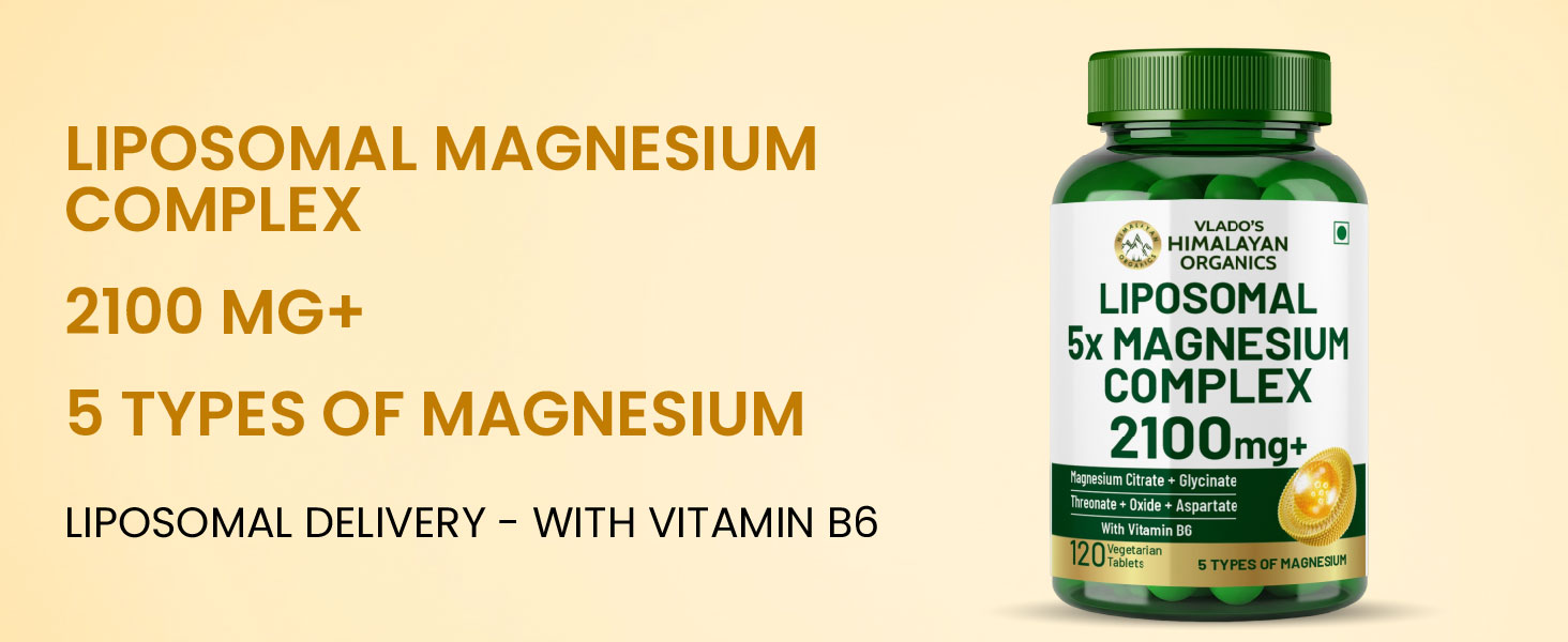 Vlado's Himalayan Organics 5X Strength Liposomal Magnesium Supplement - 2100mg+ with Chelated Magnesium Glycinate, Citrate, Oxide, Threonate, Aspartate & Triple magnesium Complex | For Sleep, Cramps, Recovery, Nerve & Muscle Function, Clinically Proven, 100% RDA - 120 Tablets