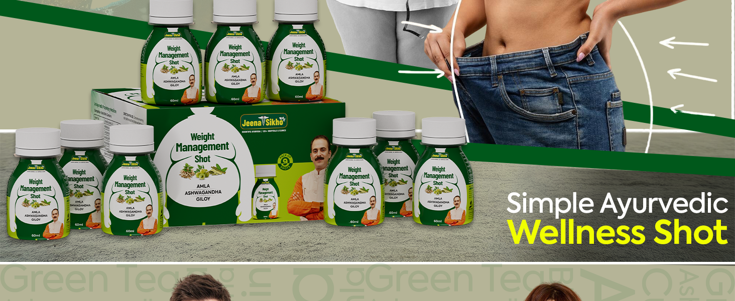 Jeena Sikho Weight Management Shot | Ayurvedic Herbal Liquid for Daily Wellness Routine | Enriched with Ashwagandha, Giloy, 9 Shot (60 ml each)