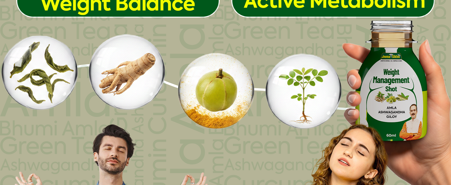 Jeena Sikho Weight Management Shot | Ayurvedic Herbal Liquid for Daily Wellness Routine | Enriched with Ashwagandha, Giloy, 9 Shot (60 ml each)