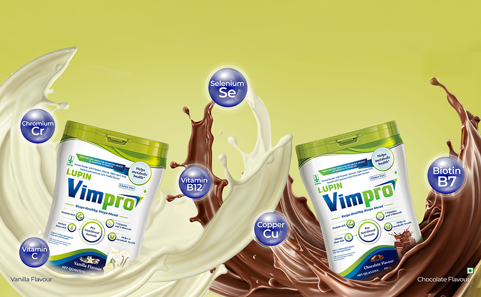 Lupin Vimpro Nutritional Chocolate Protein Powder, Supports Muscle Strength & Growth, Helps in Heart and Brain Health, Helps in Recovery, No Gluten, Protein Supplement with CoQ10, ALA, Inositol & FOS, With Vitamin Minerals & Protein, 400g