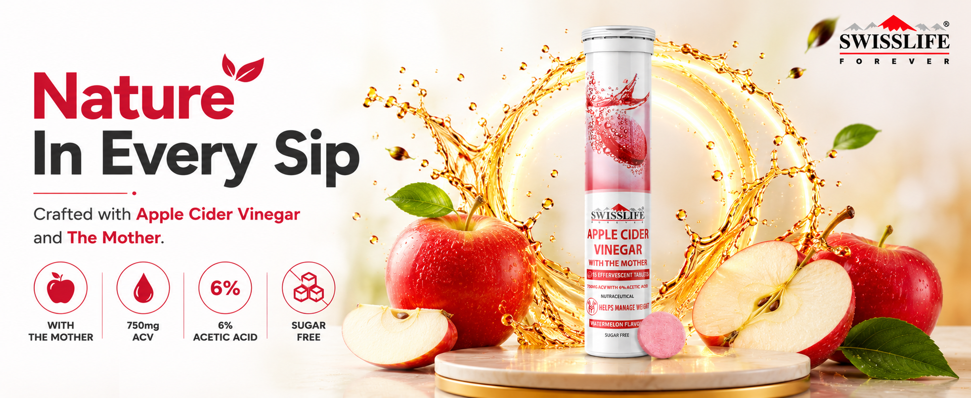Apple Cider Vinegar Effervescent Tablets with Vitamin B6 & B12 | 750 mg | Plant-Based | Supports Digestion & Metabolism | Watermelon Flavour | 15 Tablets (Pack of 6)