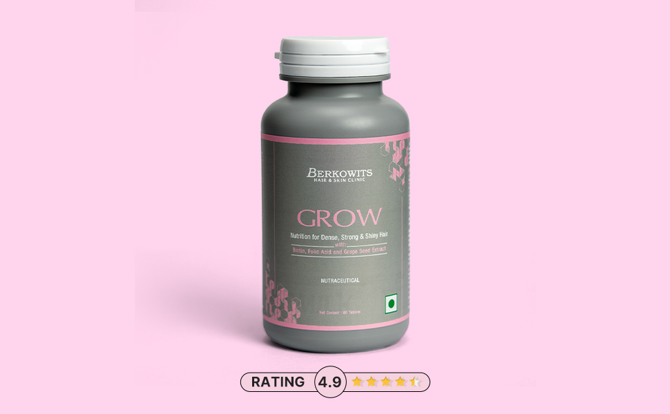 BERKOWITS Grow Nutrition For Dense & Strong Hair | Biotin, Folic Acid and Grape Seed Extract | For Both Male and Female (60 Tablet)