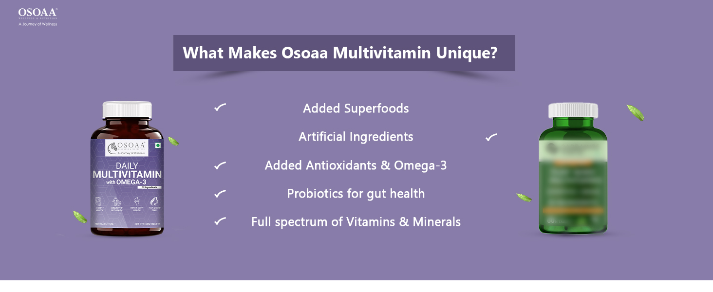OSOAA Daily Multivitamin with Omega 3 & Probiotics - 60 Veg Tablets | 53 Vital Vitamins & Minerals with Zinc, Vitamin C, Vitamin D, Vitamin B12, and Multiminerals - Supports Immunity & Gut Health