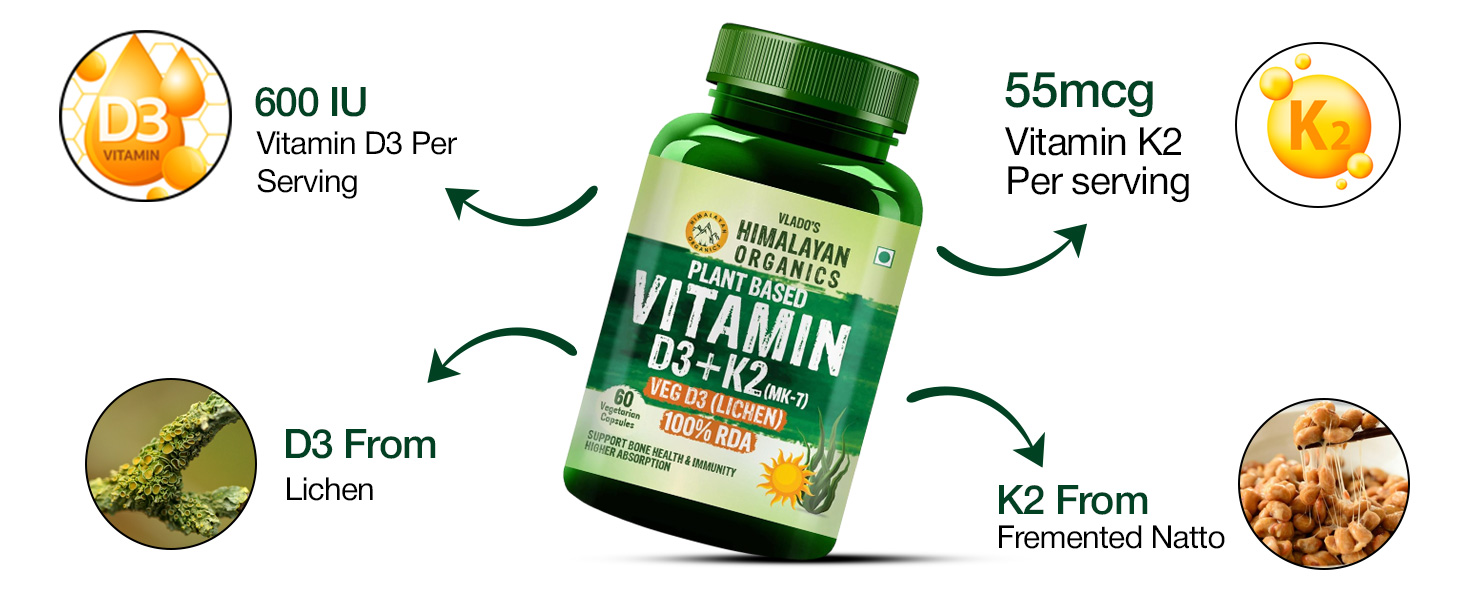 Vlado Himalayan Organics Plant Based Vitamin D3 600 IU + K2 MK7 55 mcg capsules | Lichen Source Natural Vitamin D3 | Vegan, Non-Synthetic Bone & Calcium Support Supplement | Supports Heart Health & Immunity | 60 - 100% Veg Capsules
