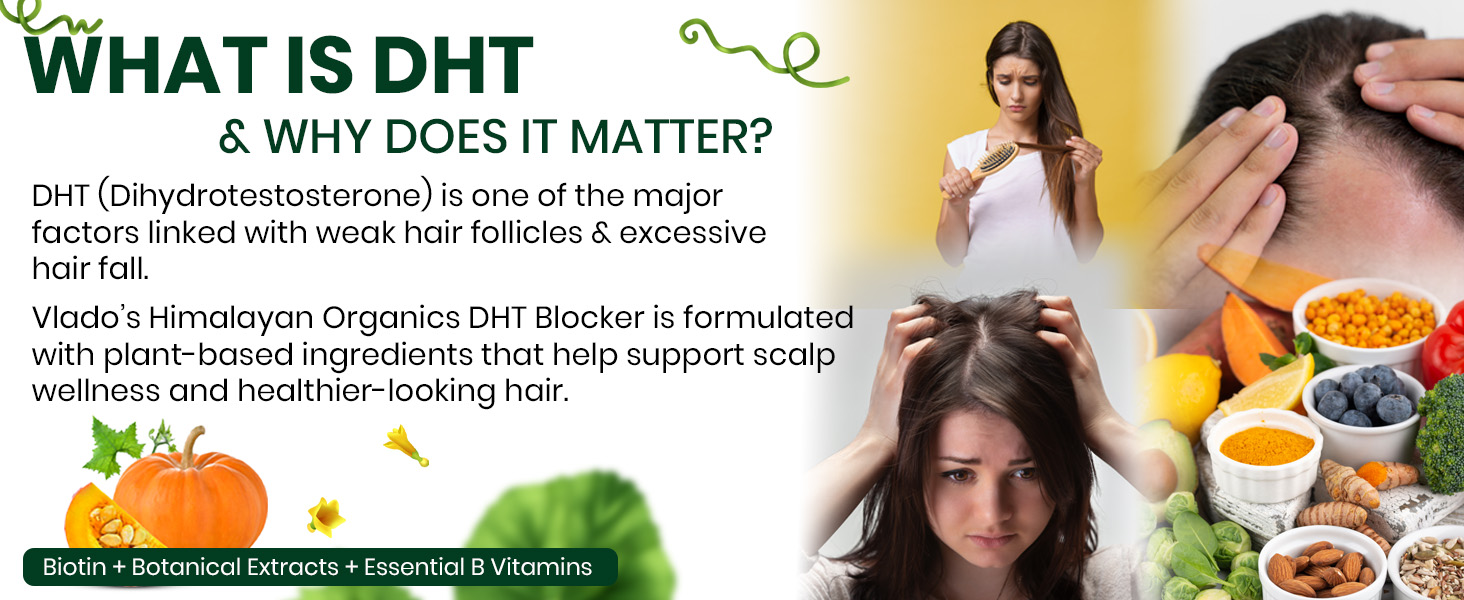 Vlado's Himalayan Organics DHT Blocker with Biotin Tablets for Hair growth | Biotin Supplement with all B vitamin | DHT Blocker supports Hair Growth & Skin Health for Men & Women | 60 Veg capsules