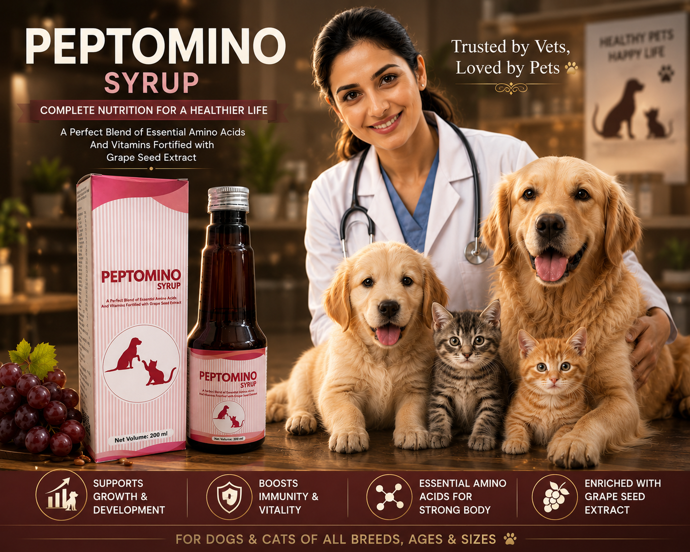 PEPTOMINO Syrup Amino Acids & Vitamins with Grape Seed Extract 200ml
