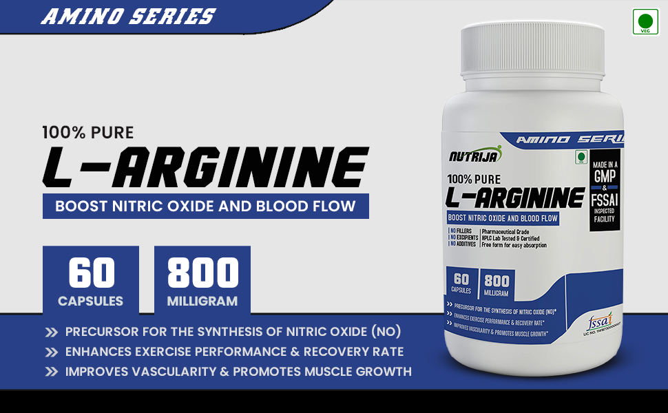 NutriJa L-Arginine 800mg Capsules | 100% Free Form L-Arginine | 60 Veg Capsules | Amino Acid Supplement for Pre Workout Routine, Blood Flow Support & Active Lifestyle