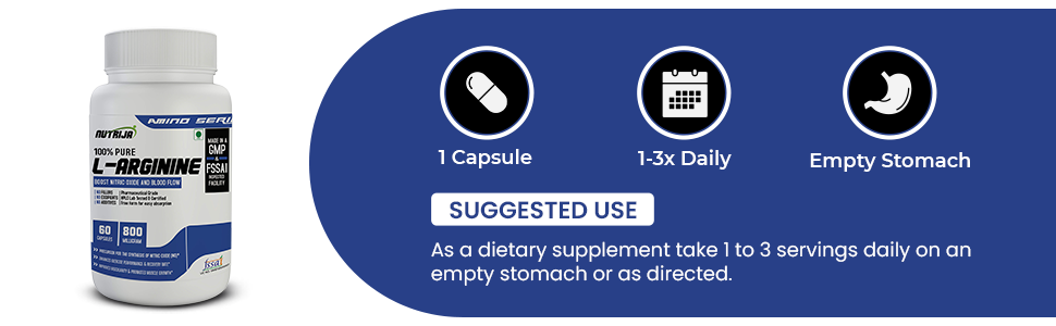 NutriJa L-Arginine 800mg Capsules | 100% Free Form L-Arginine | 60 Veg Capsules | Amino Acid Supplement for Pre Workout Routine, Blood Flow Support & Active Lifestyle