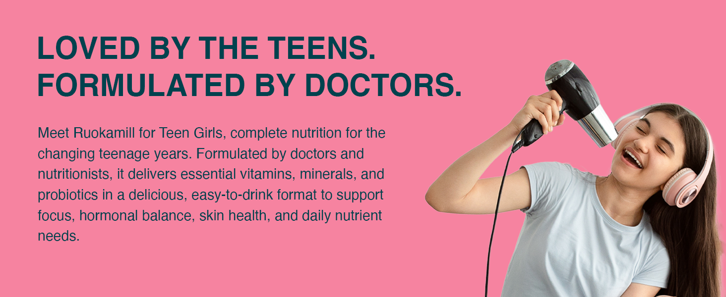 Ruokamill Teen Girls Nutrition Mix | Age 13-18y | Supports Growth, Focus, Hormonal Balance & Immunity | 30 Nutrients, 13g Protein, Omega-3, 3.4B CFU Probiotics | No Refined Sugar | (400g, Chocolate)
