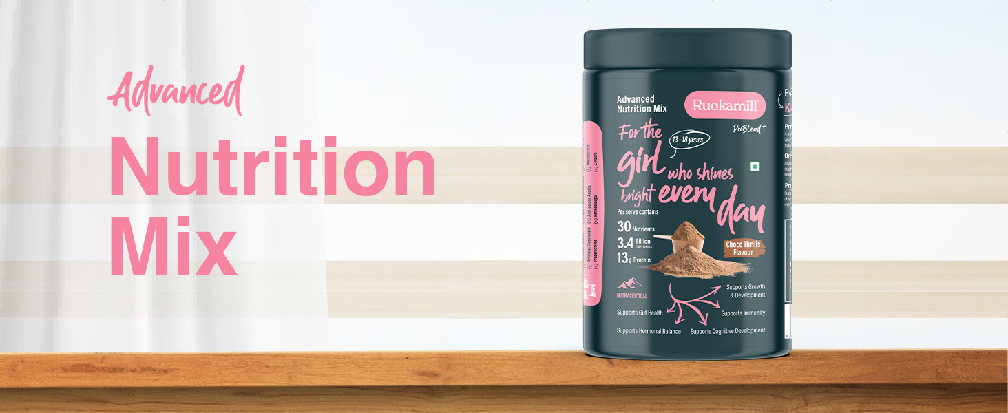 Ruokamill Teen Girls Nutrition Mix | Age 13-18y | Supports Growth, Focus, Hormonal Balance & Immunity | 30 Nutrients, 13g Protein, Omega-3, 3.4B CFU Probiotics | No Refined Sugar | (400g, Chocolate)