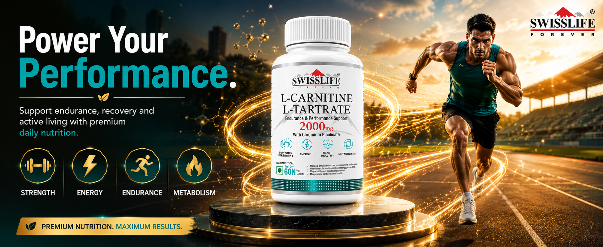 Swisslife Forever | L-Carnitine L-Tartrate 2000mg Tablets for Fat Metabolism & Energy Support | Chromium Picolinate for Weight Management, Endurance & Recovery | 60 Vegan Tablets