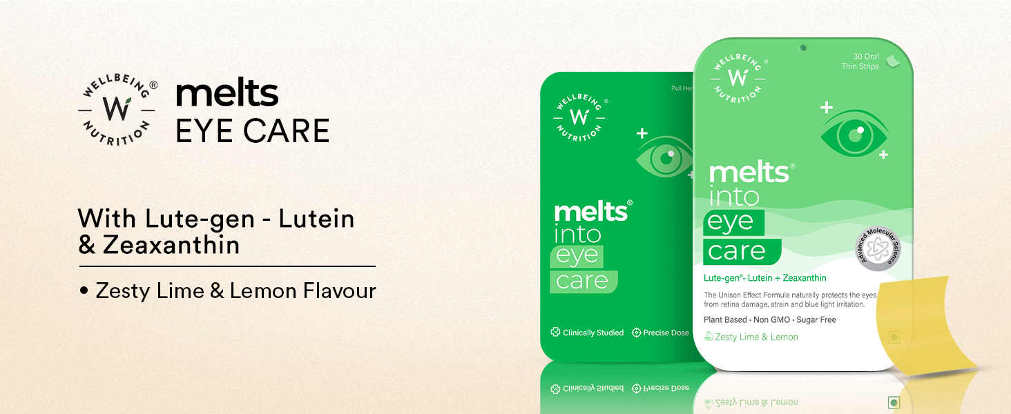 Wellbeing Nutrition Melts Eye Care supplement with Lutein 10mg, Zeaxanthin 2mg, Bilberry, Beetroot | Clinically Proven to Improves Vision, Reduces Digital Strain,Blue Light Damage (30 Oral Strips)