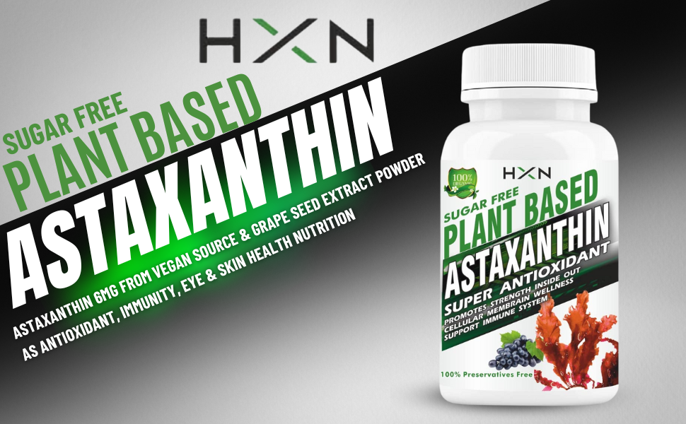 HXN Astaxanthin 6mg Supplement with Grape Seed Extract – Antioxidant Support for Eye Health & Skin Hydration – Plant-Based Formula – 60 Tablets