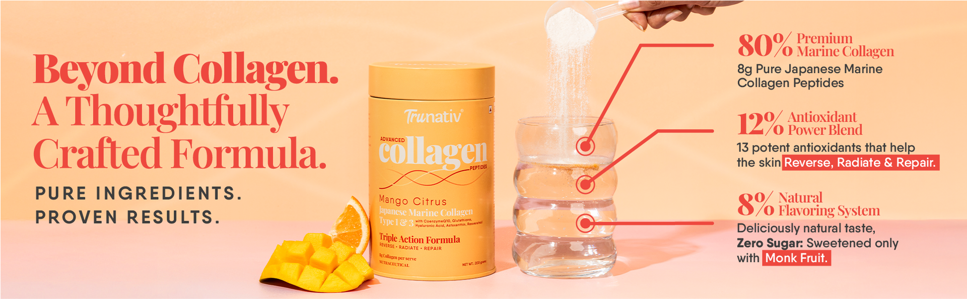 Trunativ Collagen Supplements | Advanced Japanese Marine Collagen Powder for Women & Men | Type 1 and 3 Hydrolyzed Peptides | Supplement with Hyaluronic Acid | Supports Skin Glow, Hair Growth, and Nail Strength | Lychee Coconut | 60g (Pack of 1)