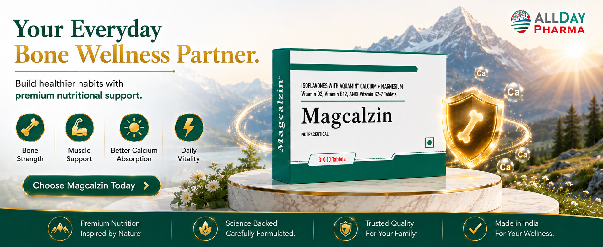 ALLDAY PHARMA Magcalzin Tablets | Multivitamins | Dietary with Mineral and Vitamins Help in Bone health, Muscle Health, Heart Health | for Men & Women (10 Tablets)