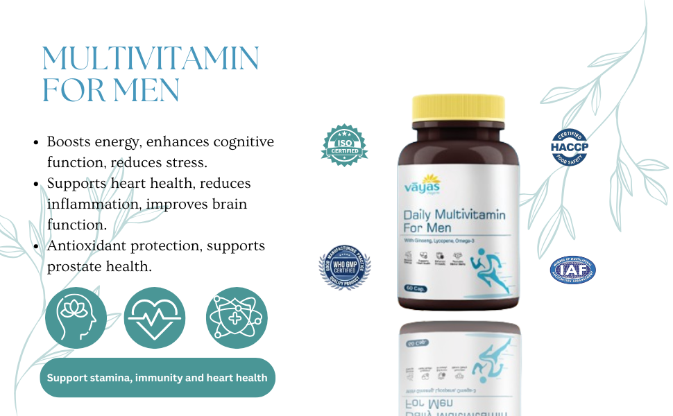 Vayas Daily Multivitamin – For Men - With 35+ Vitamins, Minerals, Antioxidants, Ginseng, Lycopene & Omega-3 – 60 Tabs – Supports Energy, Immunity, Heart & Brain Health