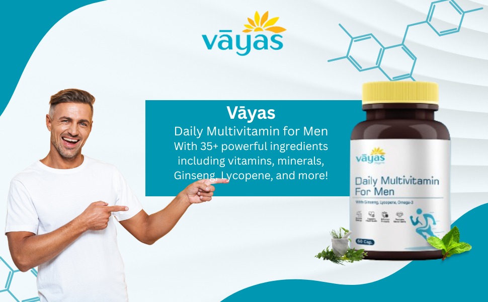 Vayas Daily Multivitamin – For Men - With 35+ Vitamins, Minerals, Antioxidants, Ginseng, Lycopene & Omega-3 – 60 Tabs – Supports Energy, Immunity, Heart & Brain Health