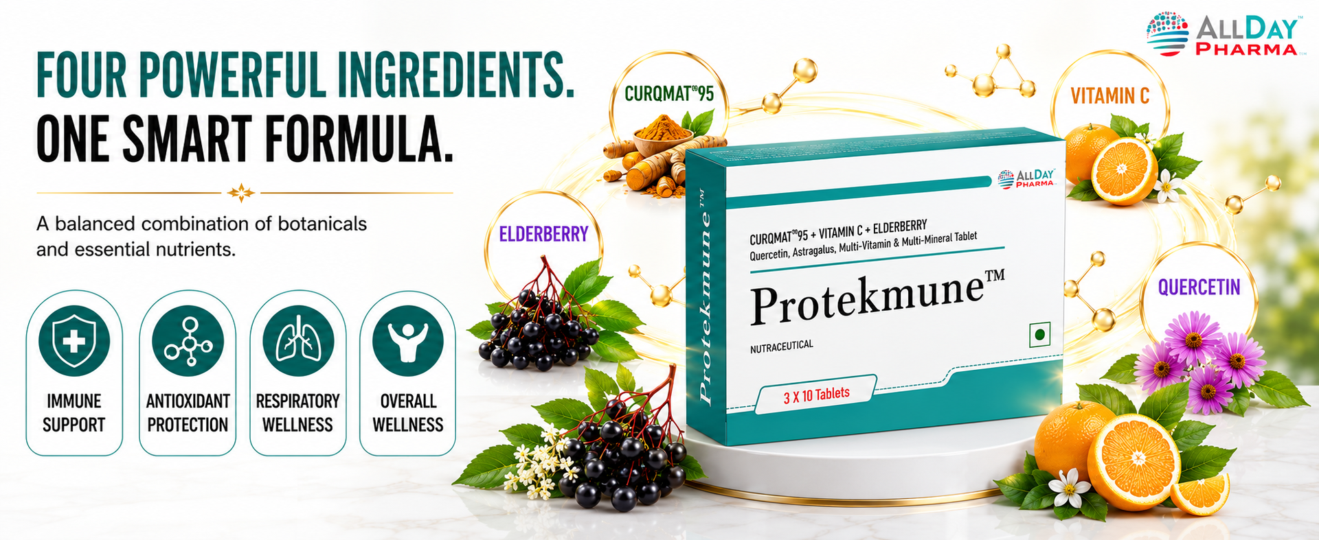 ALLDAY PHARMA Protekmune Tablets | Multi-Vitamins and Multi-Mineral | Vitamin C, B6, D2, and Zinc Helps in Immune Function | For Men & Women (30 Tablets)