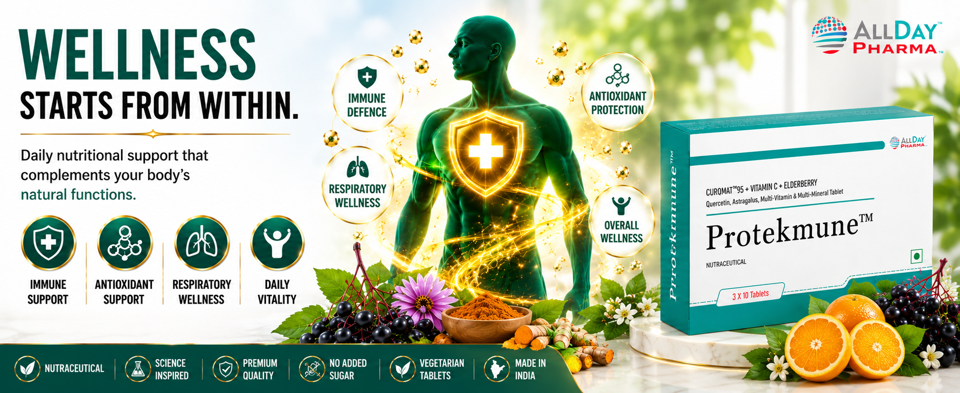 ALLDAY PHARMA Protekmune Tablets | Multi-Vitamins and Multi-Mineral | Vitamin C, B6, D2, and Zinc Helps in Immune Function | For Men & Women (30 Tablets)