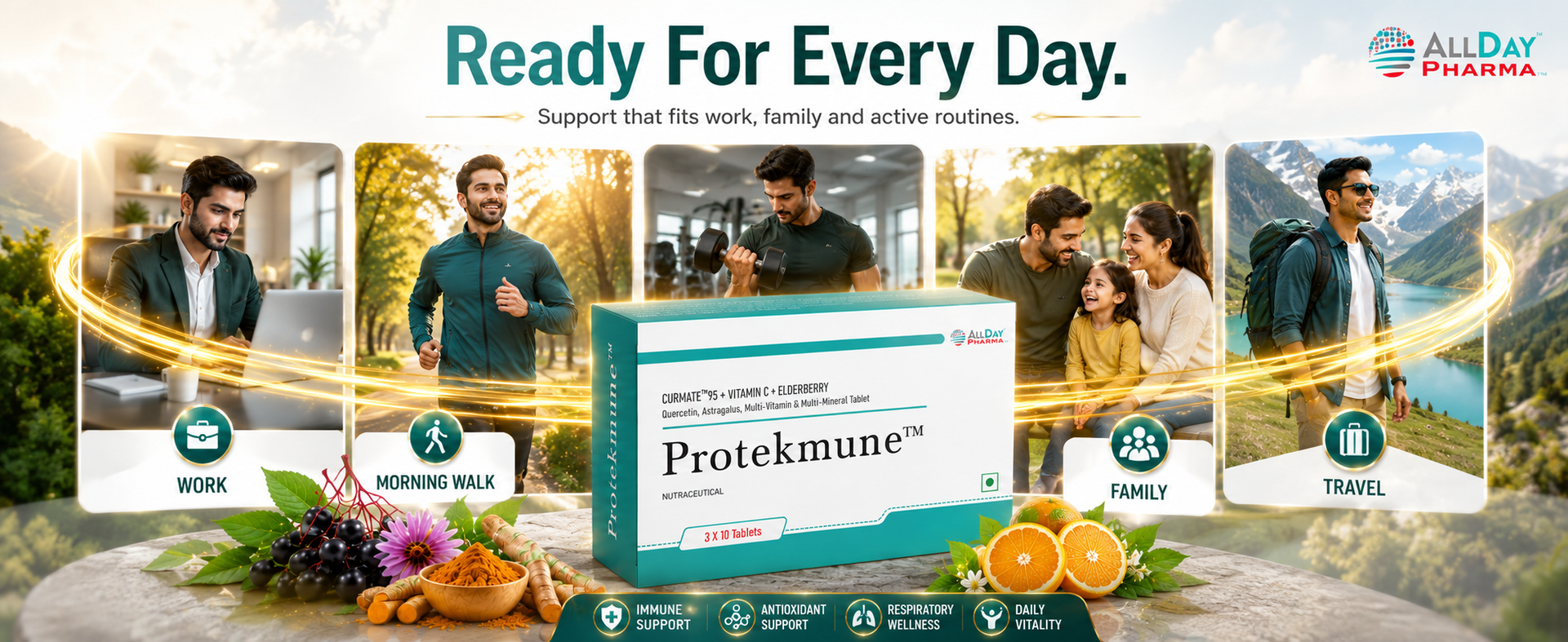 ALLDAY PHARMA Protekmune Tablets | Multi-Vitamins and Multi-Mineral | Vitamin C, B6, D2, and Zinc Helps in Immune Function | For Men & Women (30 Tablets)
