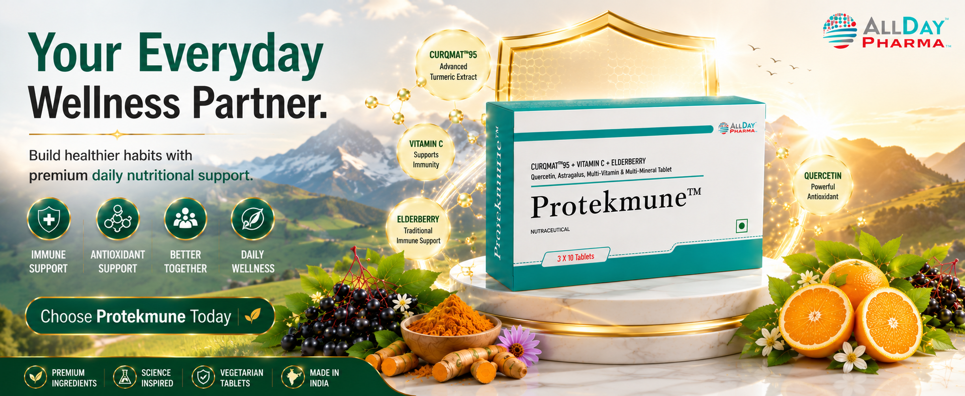 ALLDAY PHARMA Protekmune Tablets | Multi-Vitamins and Multi-Mineral | Vitamin C, B6, D2, and Zinc Helps in Immune Function | For Men & Women (30 Tablets)
