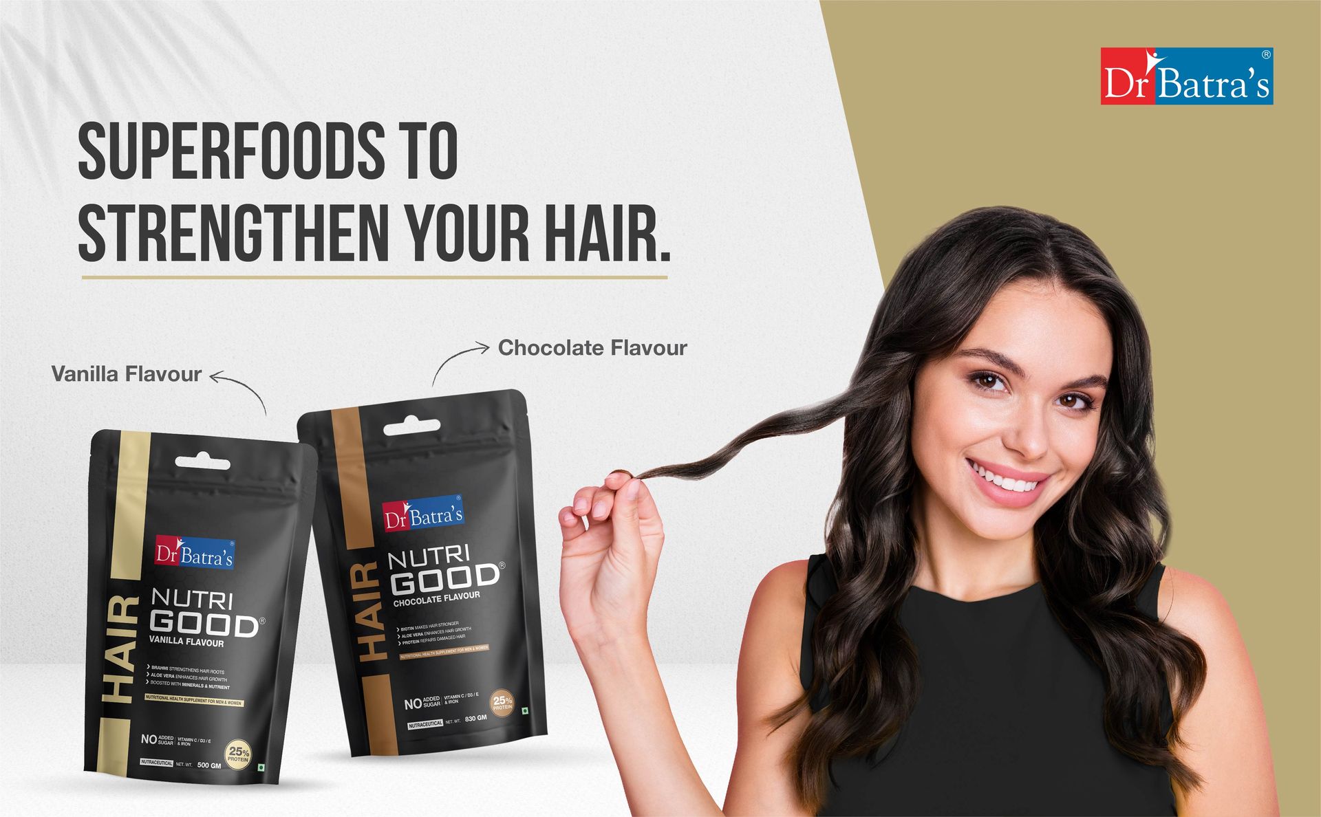 Dr Batra’s Nutrigood Hair Protein Powder 500g Vanilla with Brahmi, Biotin, Collagen & Keratin | Supplement for Hair Fall Control, Hair Growth, Stronger Thicker Hair & Scalp Nourishment | For Men & Women