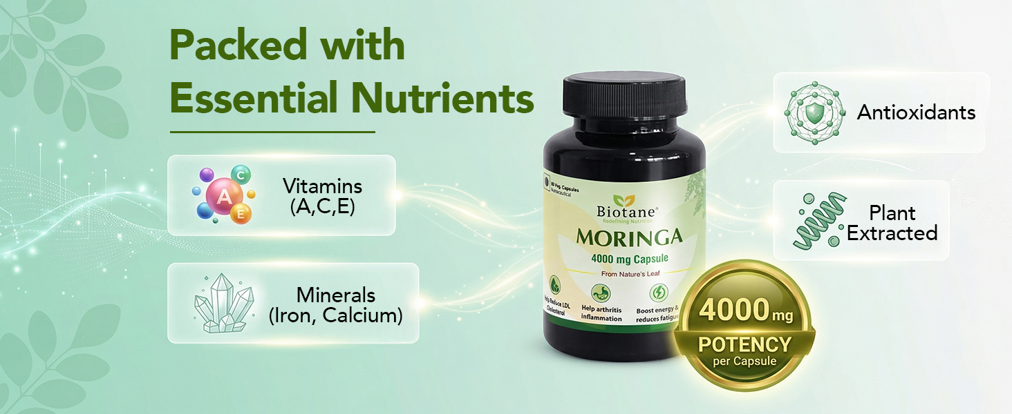 Biotane Moringa 4000mg Capsules | Only 1 Capsule a Day | Natural Multi-Vitamin Supplement | Manufactured in technical collaboration with Vitane Pharma, USA I Pack of 60 Veg Capsules