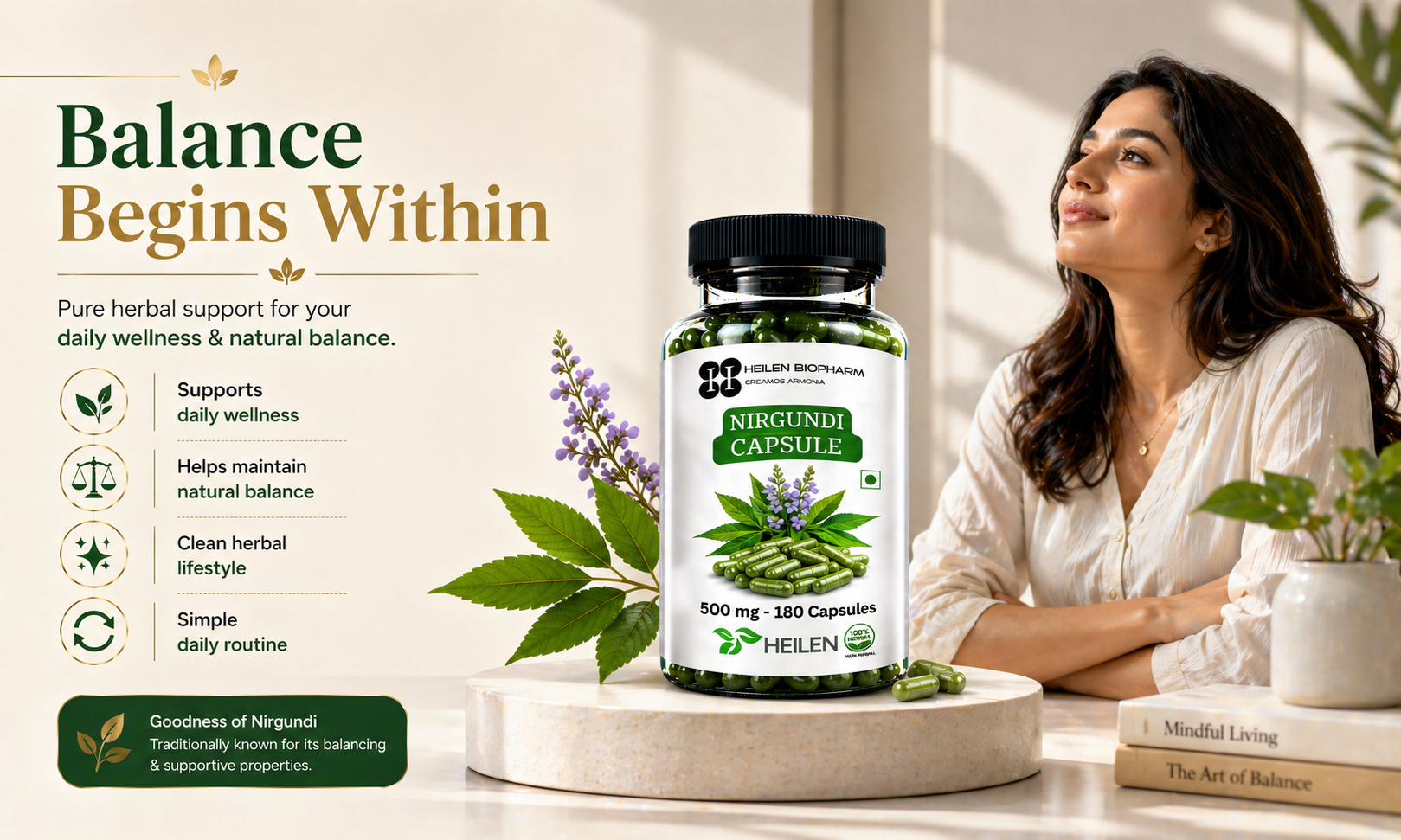 Heilen Biopharm Nirgundi Capsules 500 mg | Vitex Negundo Leaf Powder Supplement | Herbal Support for Joint Comfort Mobility Daily Wellness | 180 Veg Capsules | No Preservatives