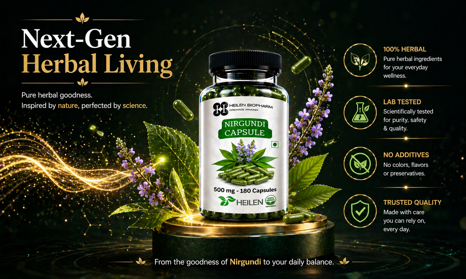 Heilen Biopharm Nirgundi Capsules 500 mg | Vitex Negundo Leaf Powder Supplement | Herbal Support for Joint Comfort Mobility Daily Wellness | 180 Veg Capsules | No Preservatives